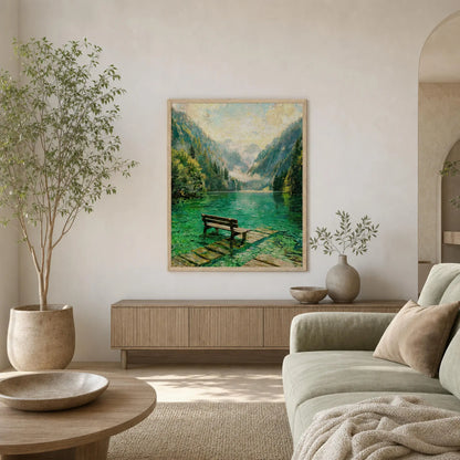 Framed Alpine Lake Bench Art | Serene Mountain Wall Decor Poster