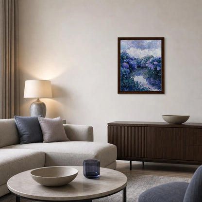 Framed Canvas Art: Blooming Blue Hydrangeas | Modern Riverbank Print