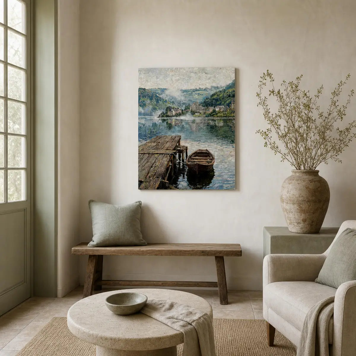 A framed landscape art print depicting a serene lake with a wooden dock and boat, displayed on a beige wall in a styled living room setting with a bench, armchair, and vase.
