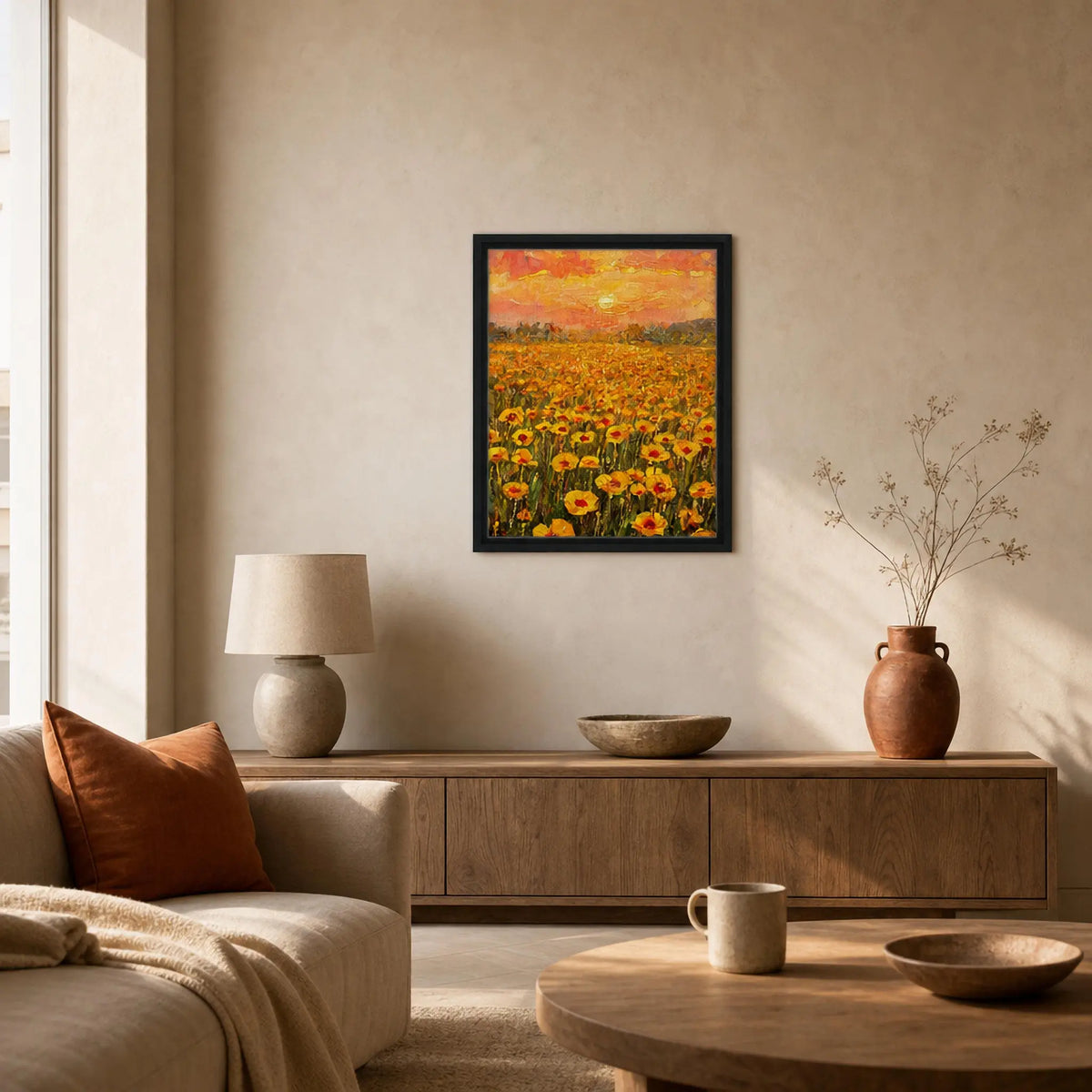 Golden Sunset Poppy Field Framed Canvas Art
