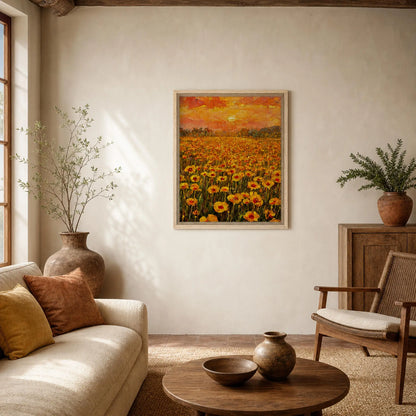 Golden Sunset Poppy Field Framed Canvas Art