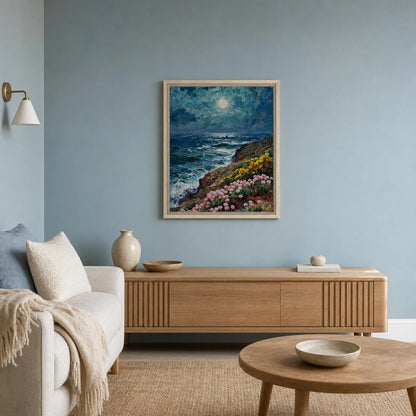 Moonlit Coastal Cliffs Framed Canvas Wall Art
