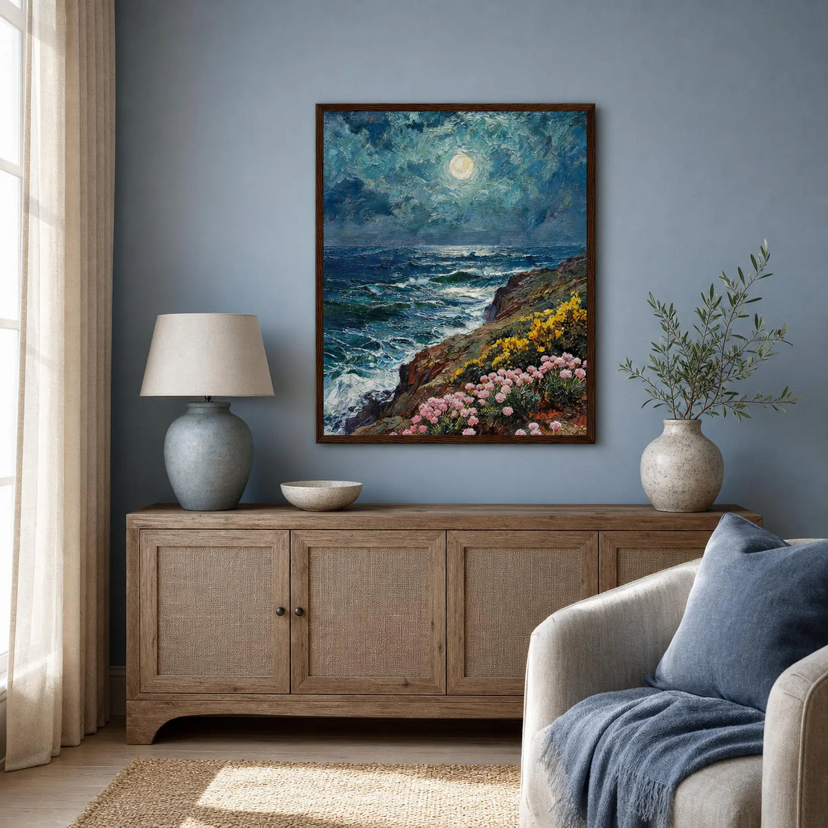 Moonlit Coastal Cliffs Framed Art Poster