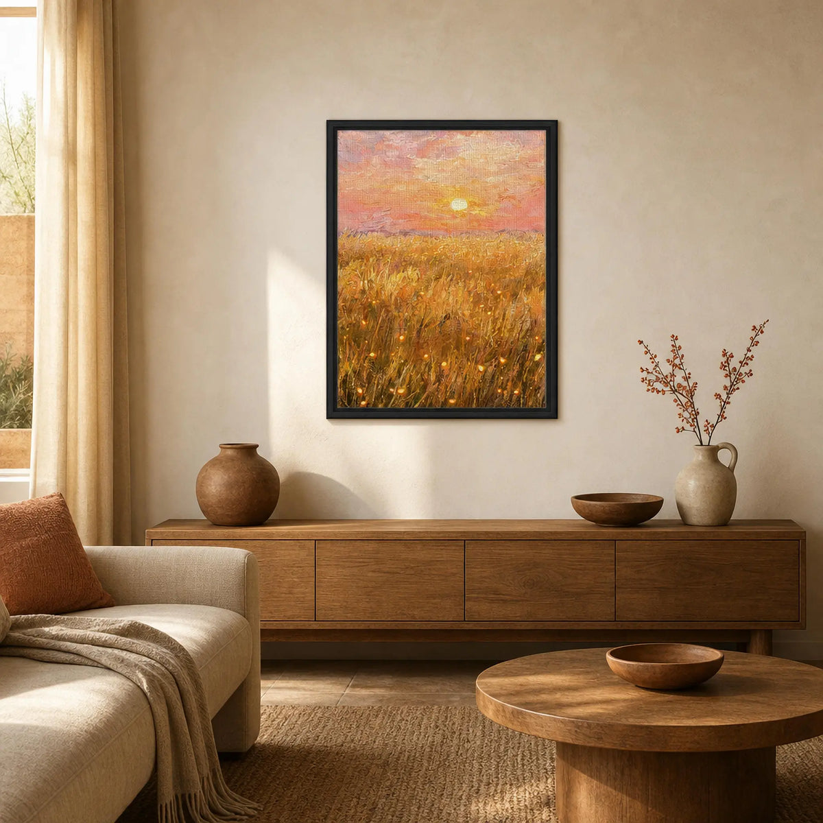 Golden Hour Meadow Framed Canvas Wall Art