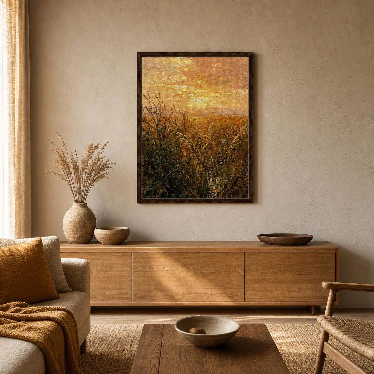 Glowing Reeds Sunset Framed Canvas Art