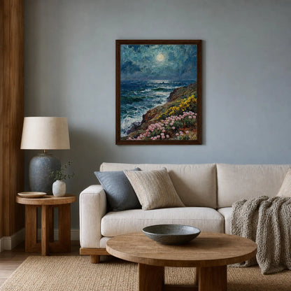 Moonlit Coastal Cliffs Framed Canvas Wall Art