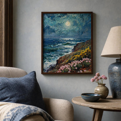 Moonlit Coastal Cliffs Framed Art Poster