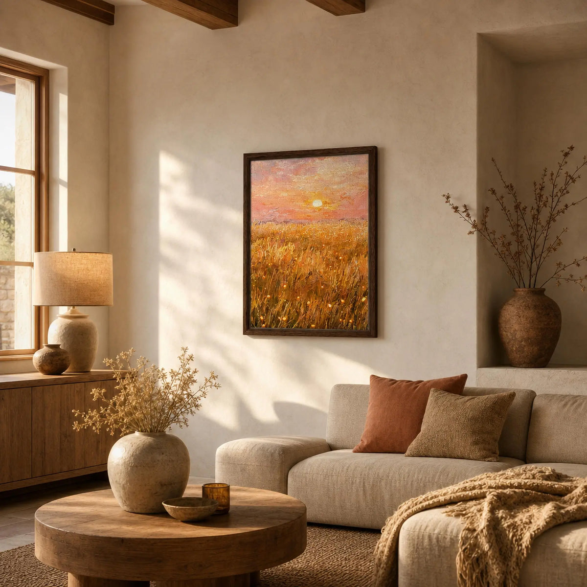 Golden Hour Meadow Framed Canvas Wall Art