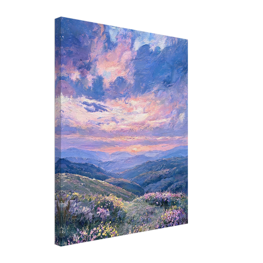 Textured canvas print of a mountain range with purple sunset skies and a wildflower meadow in an impressionist style.