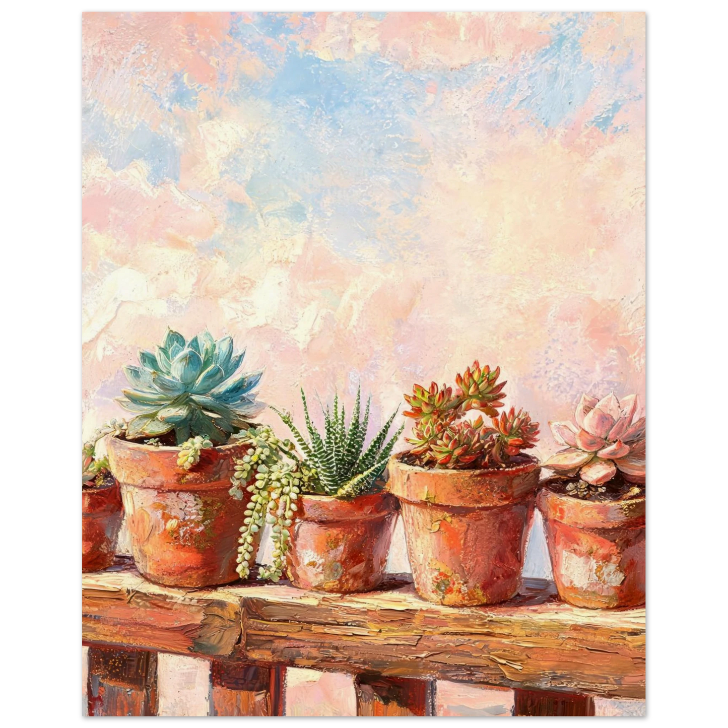 Fine art print of an impressionist oil painting featuring potted succulents on a wooden ledge against a soft pastel sky.