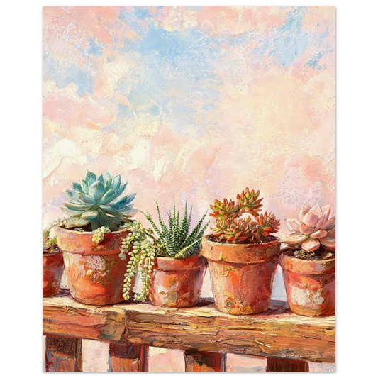 Fine art print of an impressionist oil painting featuring potted succulents on a wooden ledge against a soft pastel sky.