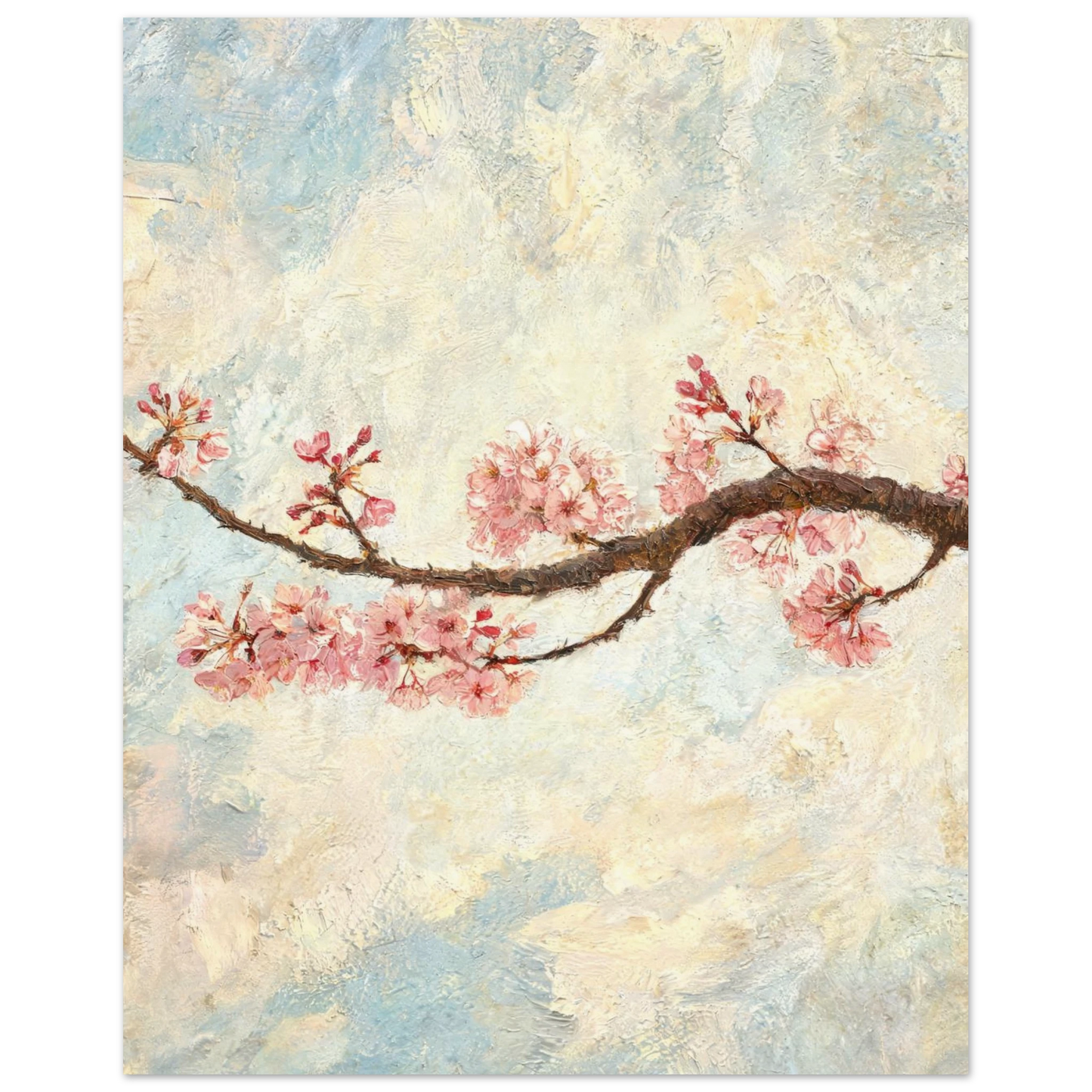 Fine art print of an Impressionist cherry blossom branch featuring delicate pink flowers against a soft sky and rich oil painting textures.