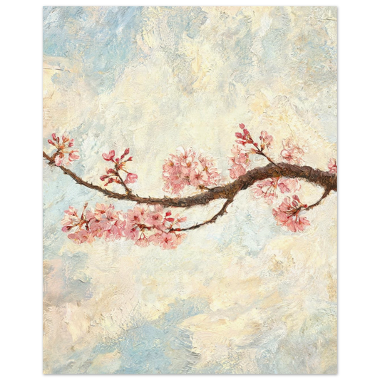 Fine art print of an Impressionist cherry blossom branch featuring delicate pink flowers against a soft sky and rich oil painting textures.