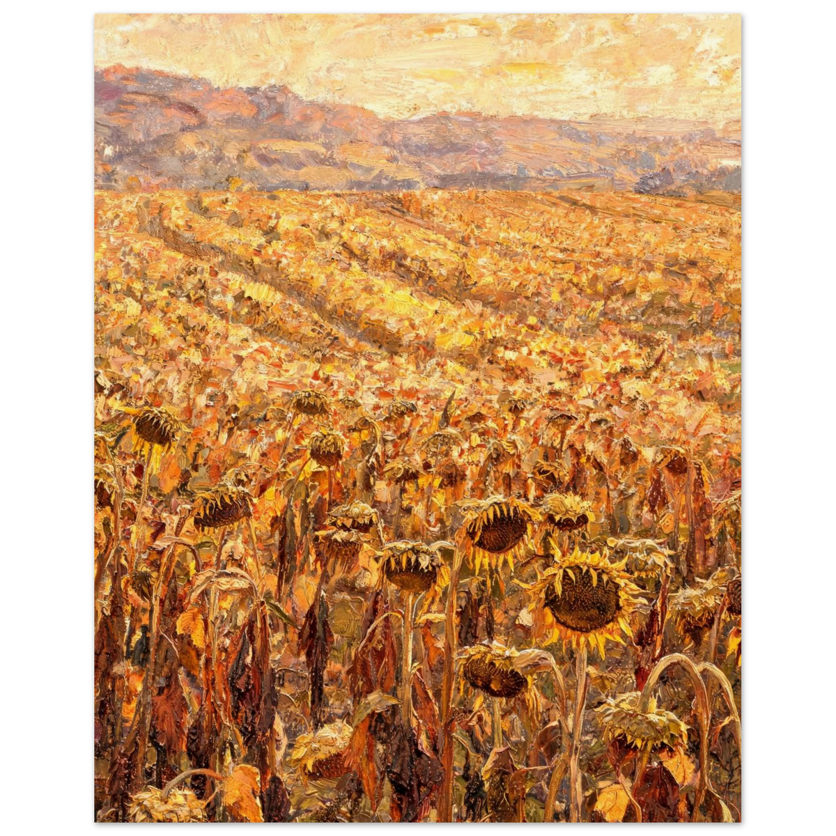 An impressionistic landscape painting of a sunflower field in autumn, with golden-yellow and brown tones, featuring a soft sky and distant hills.
