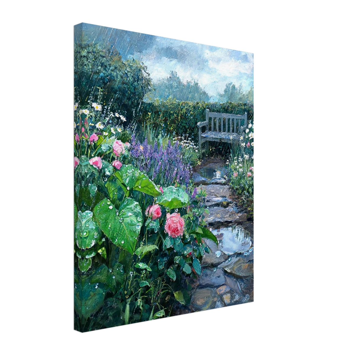 A vertical canvas wall art print depicting a lush, rain-swept garden with pink roses, purple lavender, green foliage, a stone path, and a white bench under a cloudy sky.