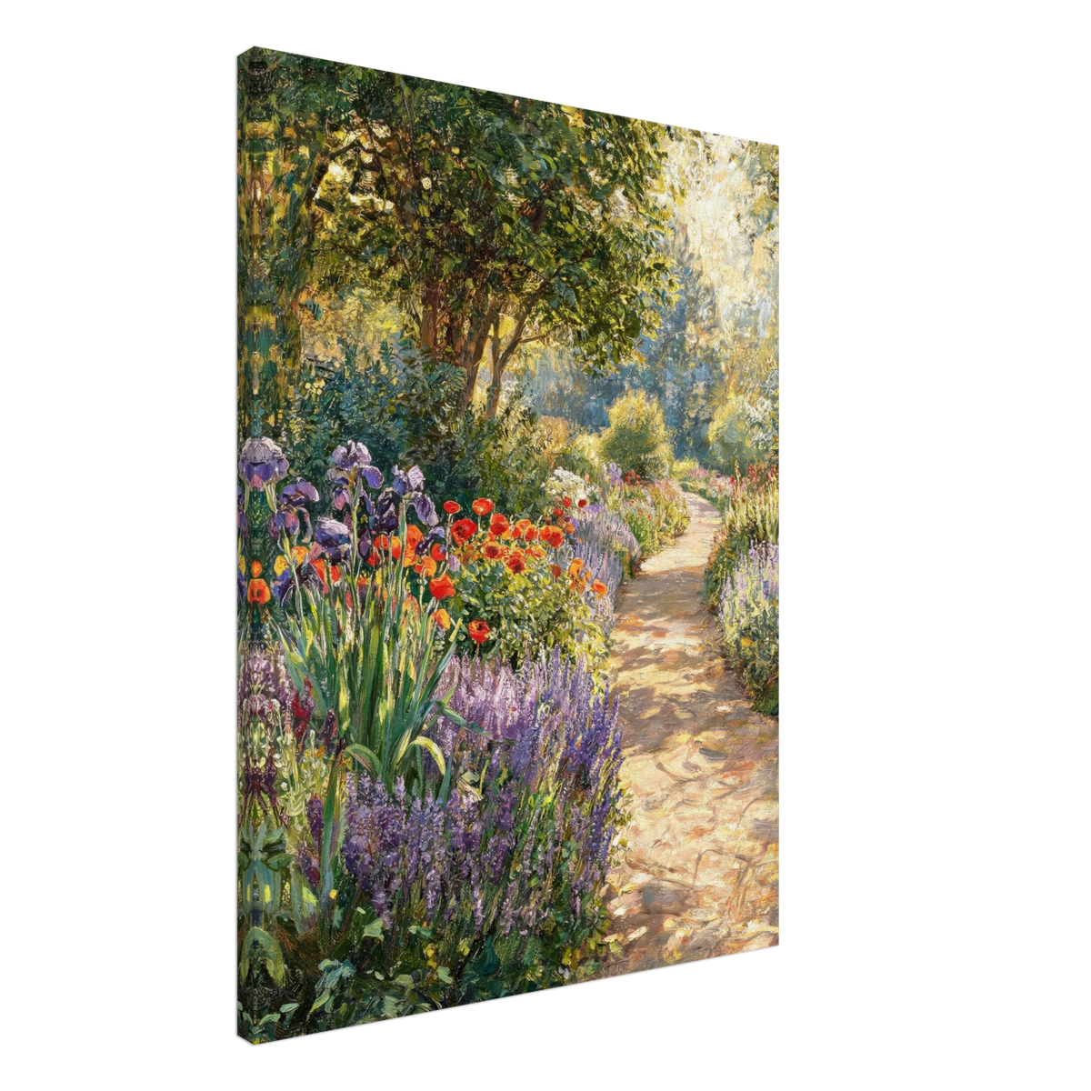 A vertical canvas wall art print depicting a sunlit garden path lined with purple irises, red poppies, and green foliage, shown at a slight angle against a white background.