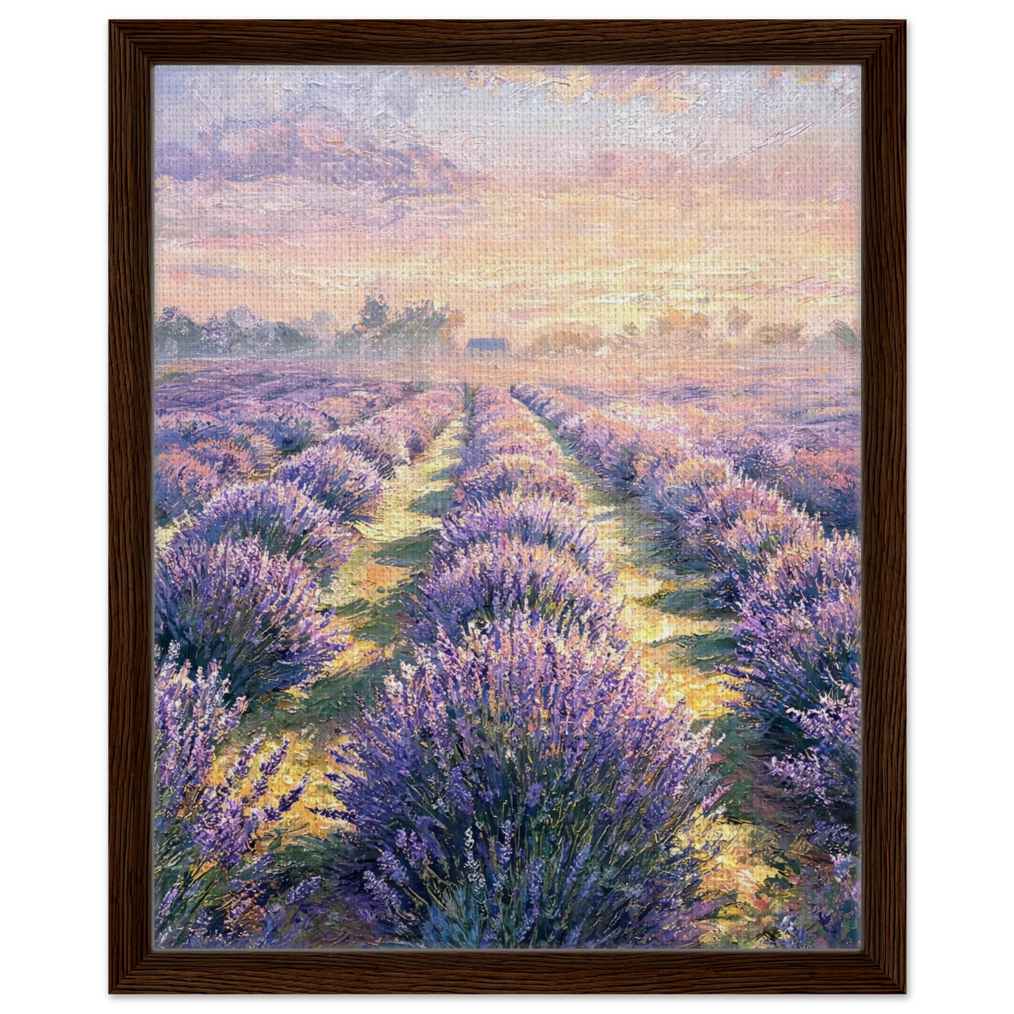 Framed canvas wall art of a sun-drenched lavender field stretching toward the horizon at sunset.