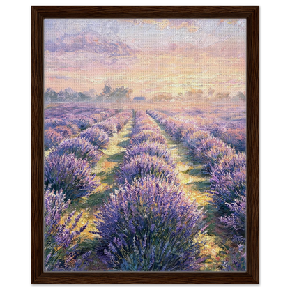 Framed canvas wall art of a sun-drenched lavender field stretching toward the horizon at sunset.