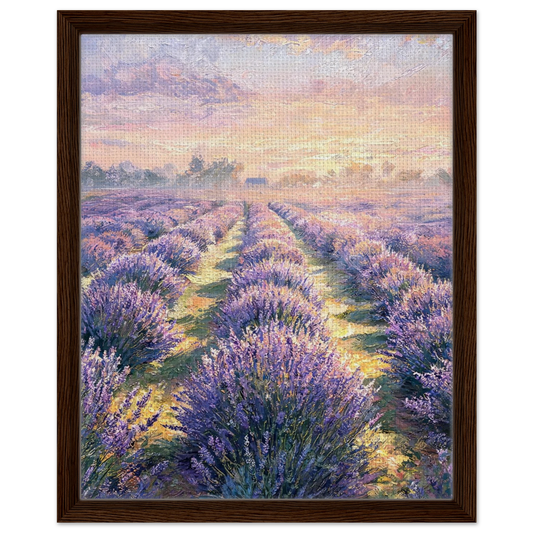 Framed canvas wall art of a sun-drenched lavender field stretching toward the horizon at sunset.