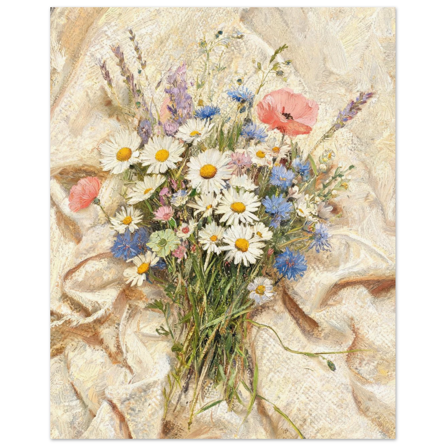 Fine art print of an Impressionist wildflower bouquet featuring daisies, cornflowers, and rich oil painting textures.