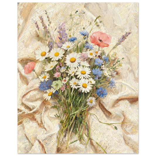 Fine art print of an Impressionist wildflower bouquet featuring daisies, cornflowers, and rich oil painting textures.
