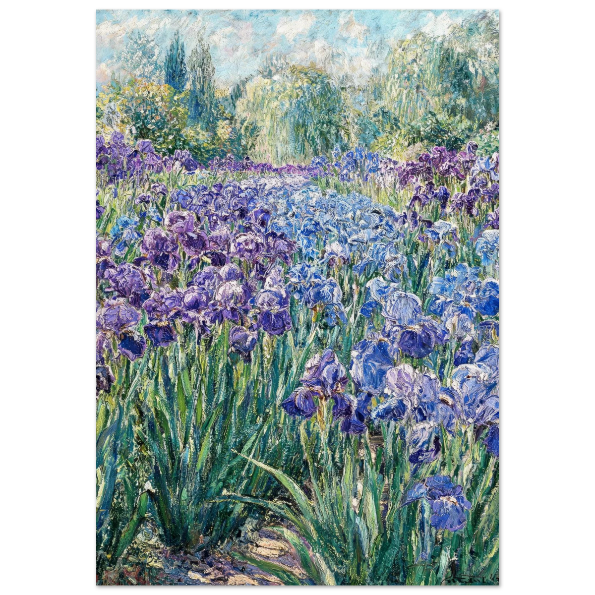 Impressionist-style painting of a flower field with purple and blue irises, green foliage, and a pale sky, shown as a rectangular artwork centered on a white background.