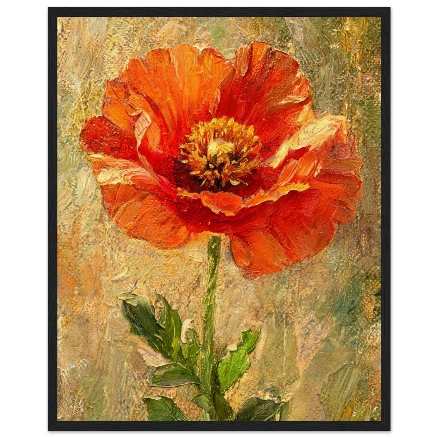 A framed painting of a vibrant red-orange poppy flower with green leaves on a textured, warm beige and green background, enclosed in a thin black frame.