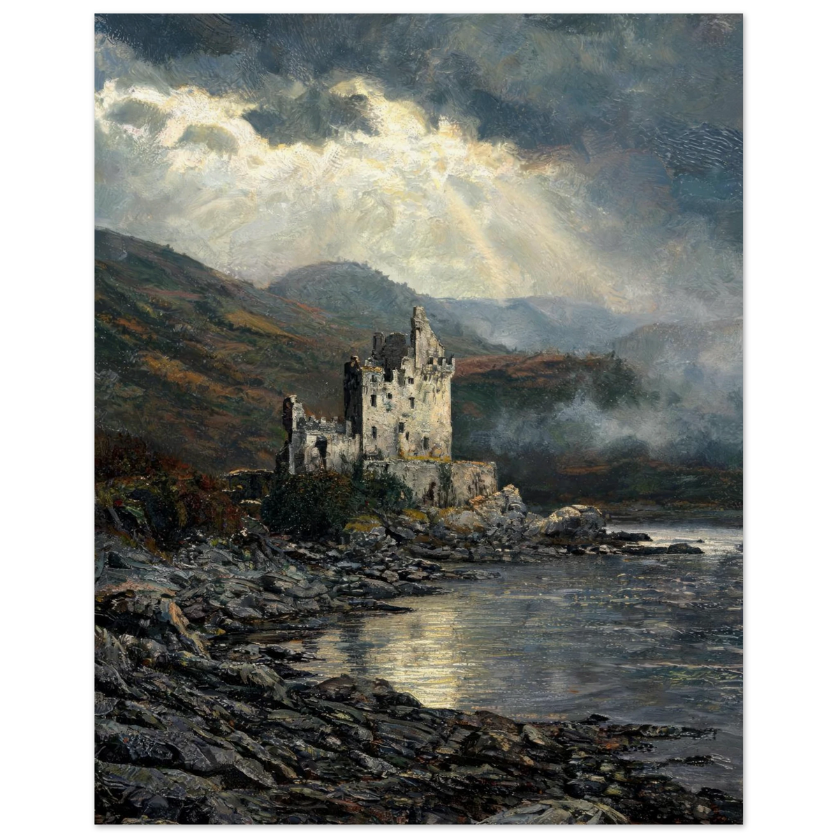 A dramatic landscape painting of a stone castle on a rocky shoreline beside a body of water, with misty mountains in the background and bright sun rays breaking through dark clouds.