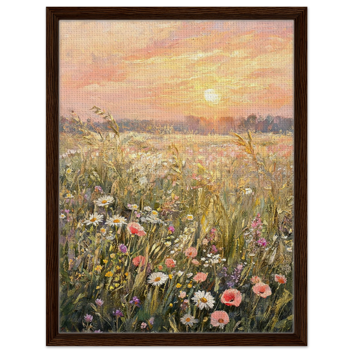 Framed canvas art featuring a colorful wildflower meadow at sunset, with a dark brown wood frame on a white background.