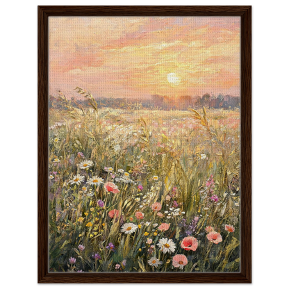 Framed canvas art featuring a colorful wildflower meadow at sunset, with a dark brown wood frame on a white background.