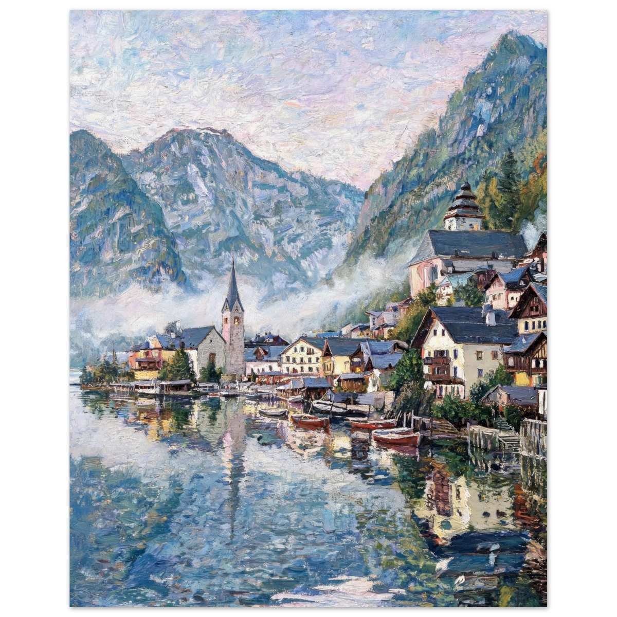 Impressionist-style painting of a lakeside village with mountains in the background, showing pastel buildings, a church spire, boats on the water, and misty blue-green hills.