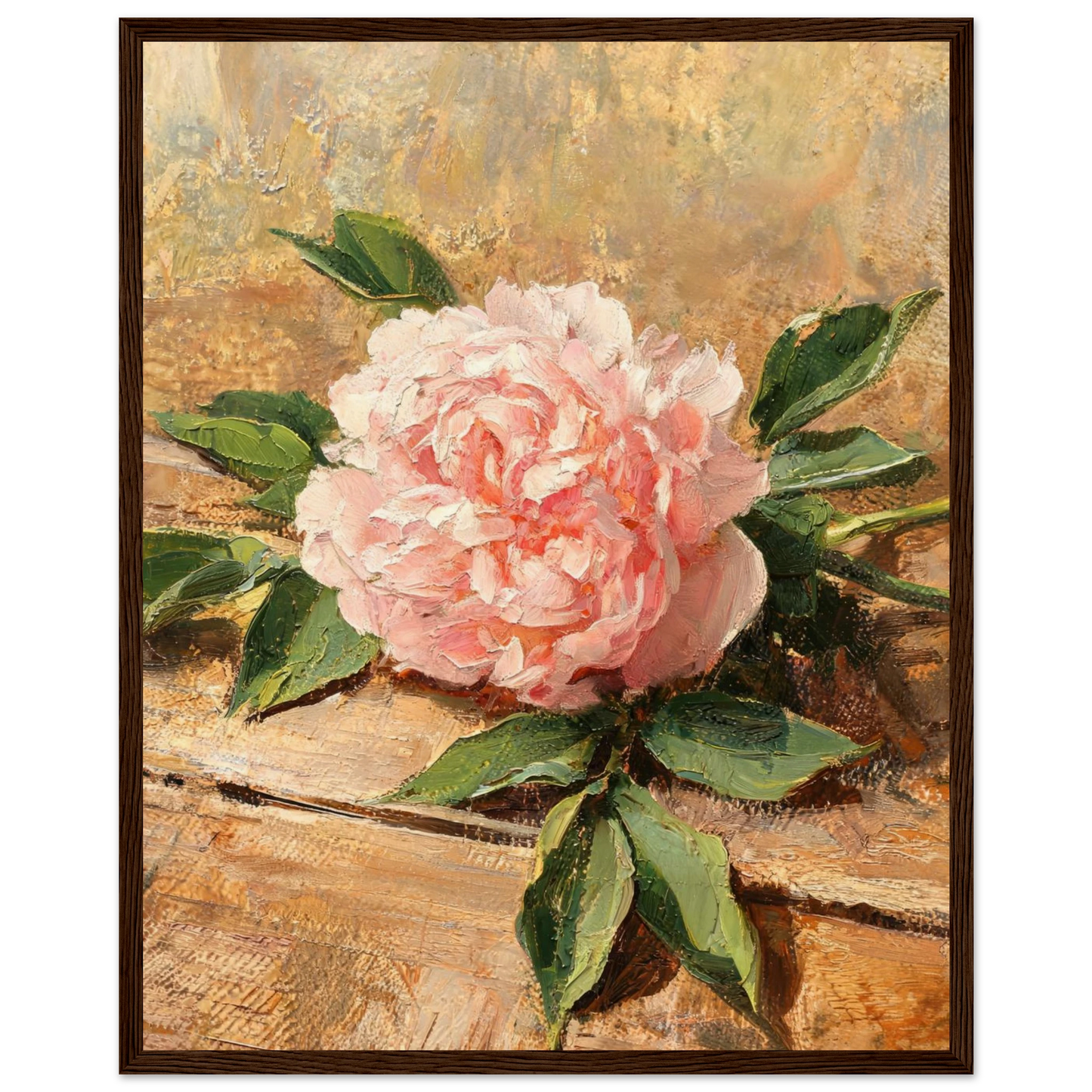 Wooden framed fine art print of an Impressionist soft pink peony oil painting showcasing warm textures and a ready-to-hang wooden frame.