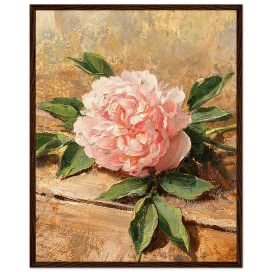 Wooden framed fine art print of an Impressionist soft pink peony oil painting showcasing warm textures and a ready-to-hang wooden frame.