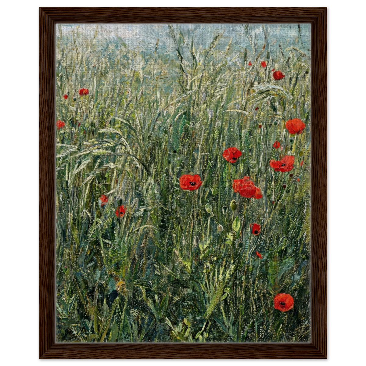 Framed canvas print of an Impressionist red poppy field painting mounted in a sleek frame for a polished gallery presentation.