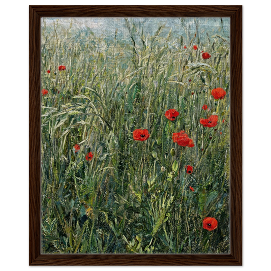 Framed canvas print of an Impressionist red poppy field painting mounted in a sleek frame for a polished gallery presentation.