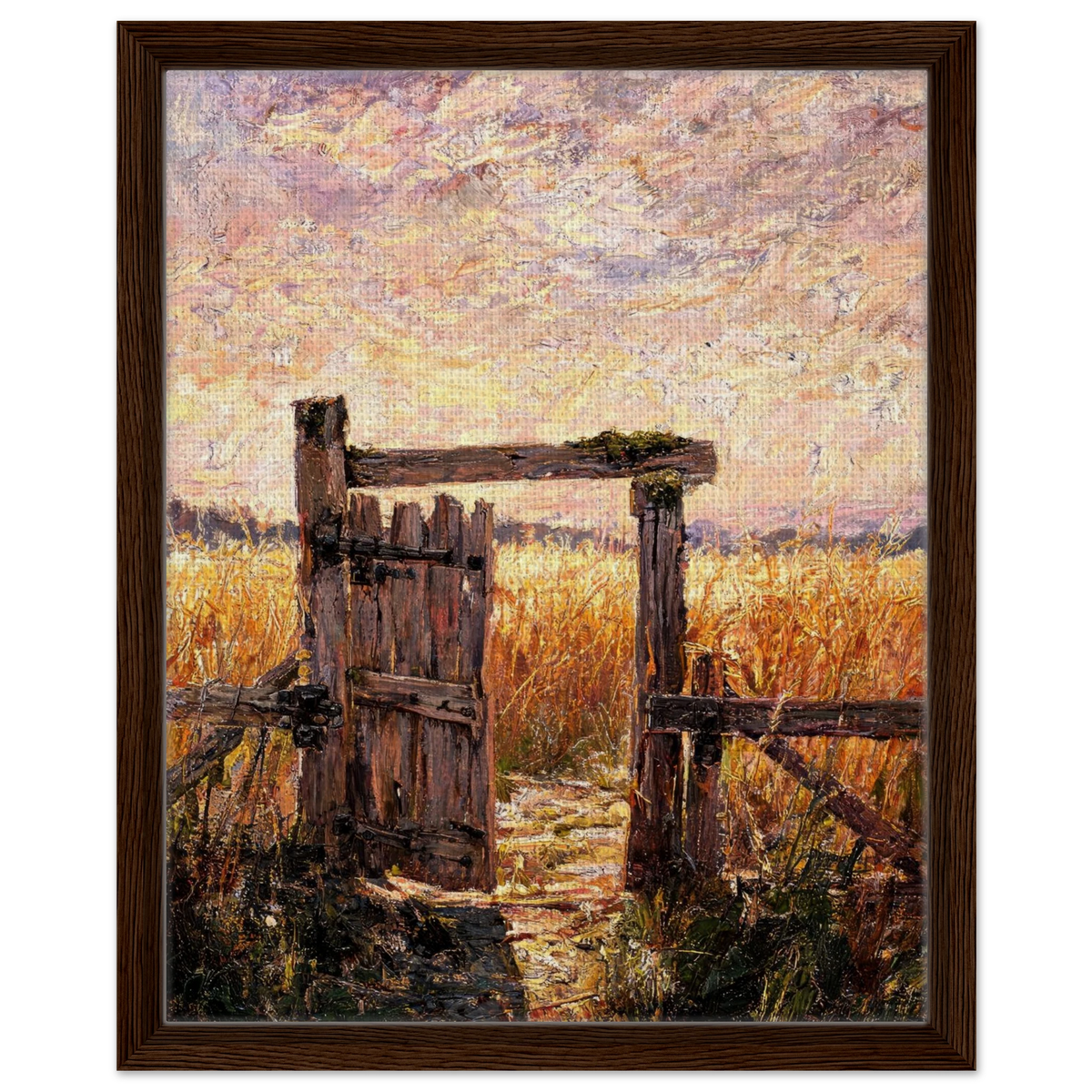 Framed canvas wall art of a rustic wooden doorway leading into a sunlit golden field during golden hour.