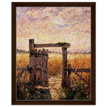 Framed canvas wall art of a rustic wooden doorway leading into a sunlit golden field during golden hour.