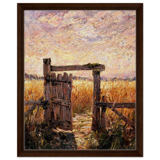 Framed canvas wall art of a rustic wooden doorway leading into a sunlit golden field during golden hour.
