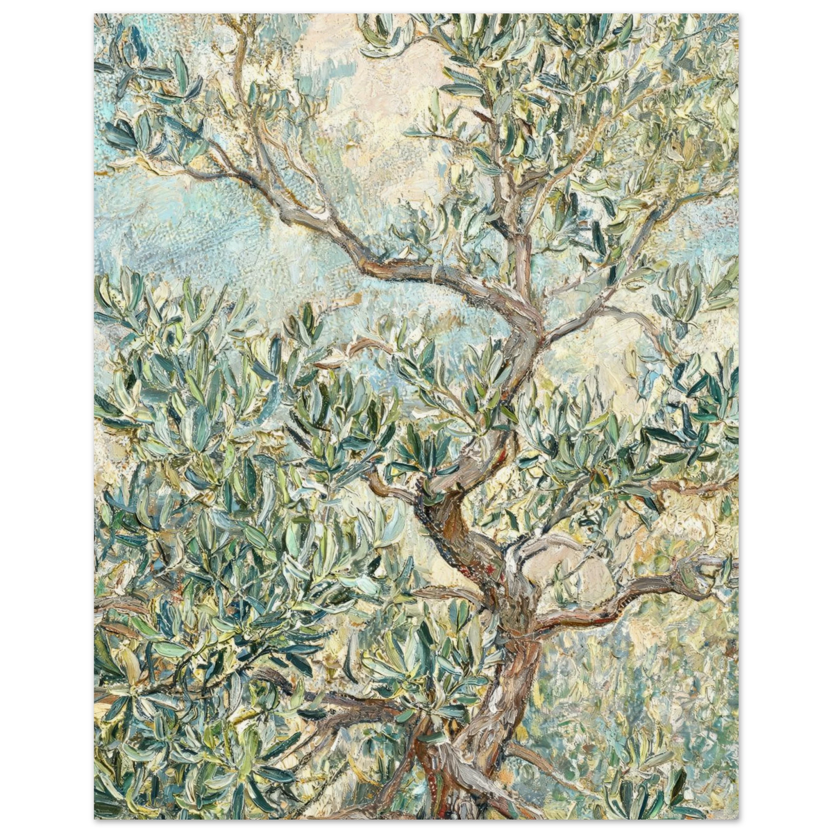 Fine art print of an Impressionist olive tree featuring gnarled branches, silvery-green leaves, and rich oil painting textures.