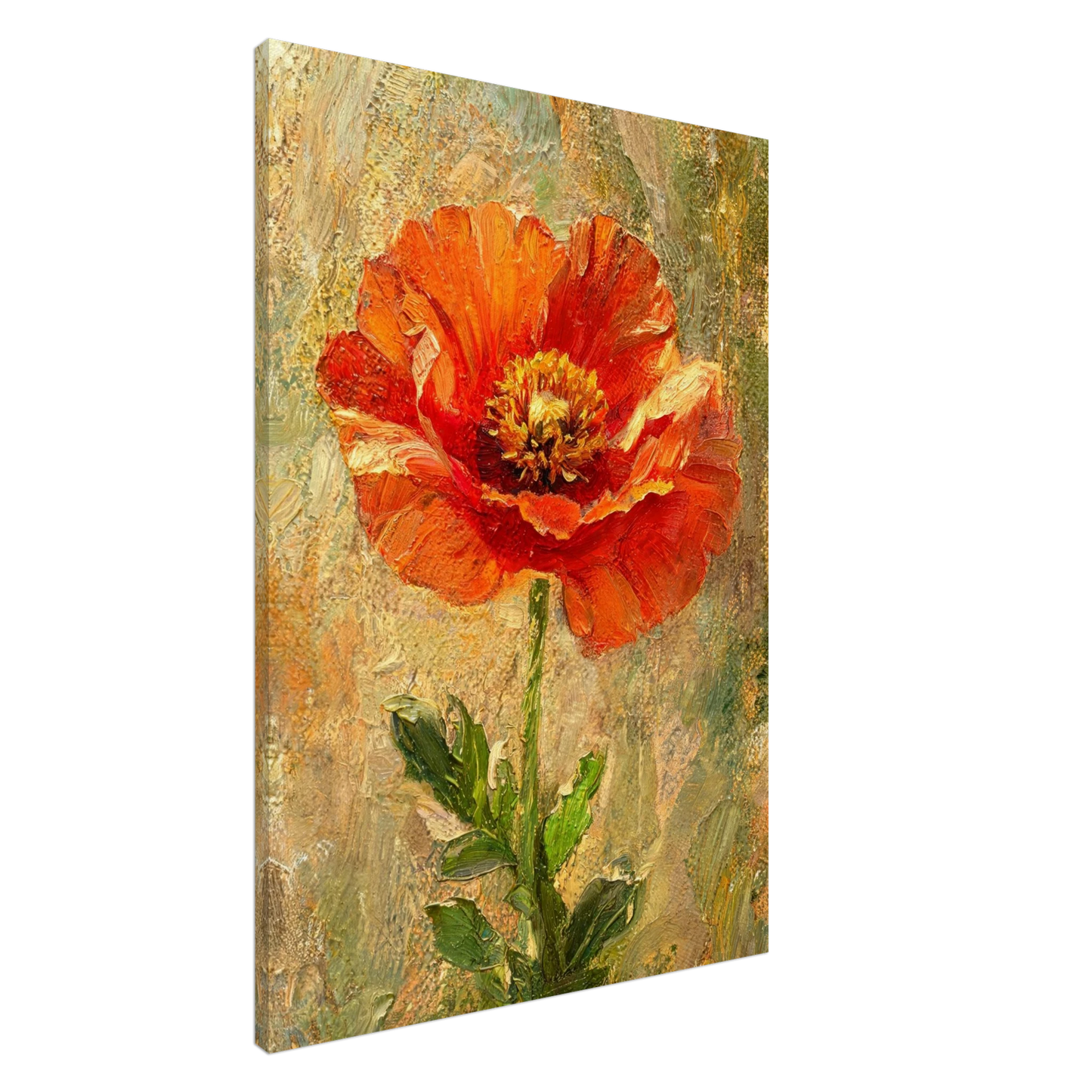 A vertical canvas wall art print featuring an expressive, textured oil painting of a red-orange poppy flower with green leaves on a mottled beige and gold background, shown at a three-quarter angle against a plain white backdrop.