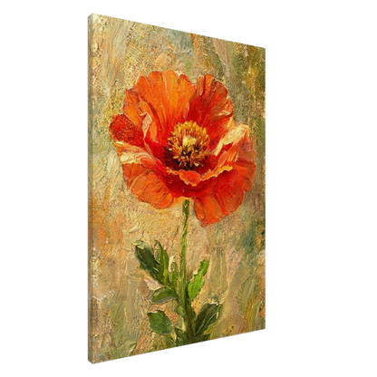 A vertical canvas wall art print featuring an expressive, textured oil painting of a red-orange poppy flower with green leaves on a mottled beige and gold background, shown at a three-quarter angle against a plain white backdrop.