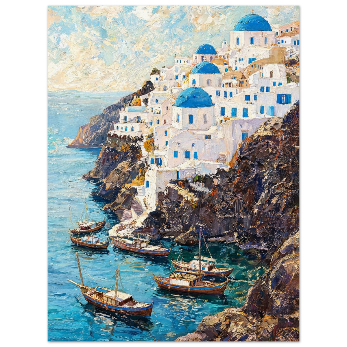 A colorful painting of a coastal hillside village with white buildings and bright blue domes, overlooking turquoise water with several small boats anchored in the harbor.