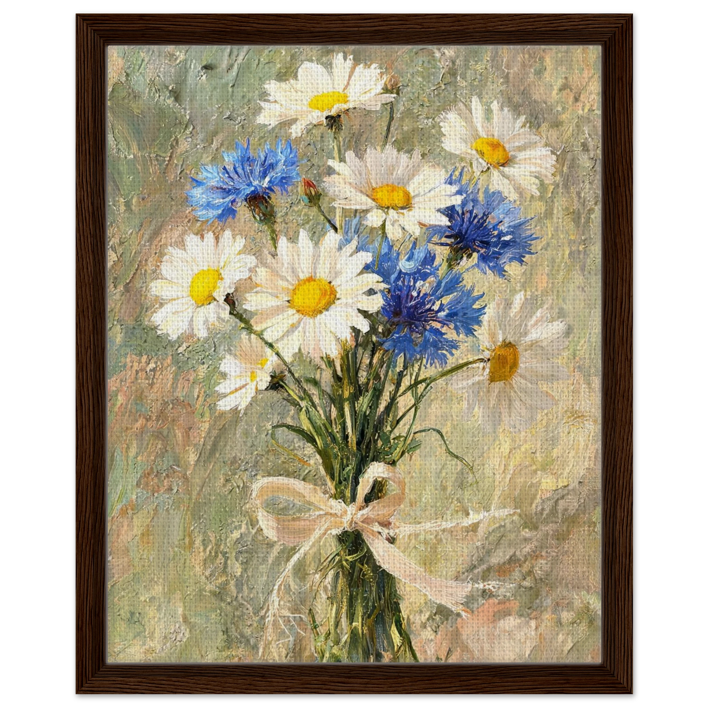 Framed canvas print of an Impressionist daisy and cornflower painting mounted in a sleek frame for a polished gallery presentation.