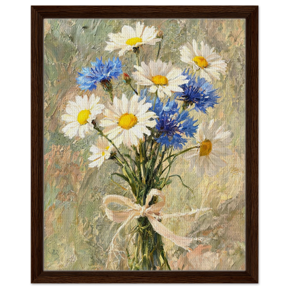 Framed canvas print of an Impressionist daisy and cornflower painting mounted in a sleek frame for a polished gallery presentation.