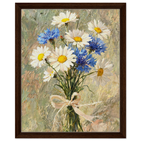Framed canvas print of an Impressionist daisy and cornflower painting mounted in a sleek frame for a polished gallery presentation.