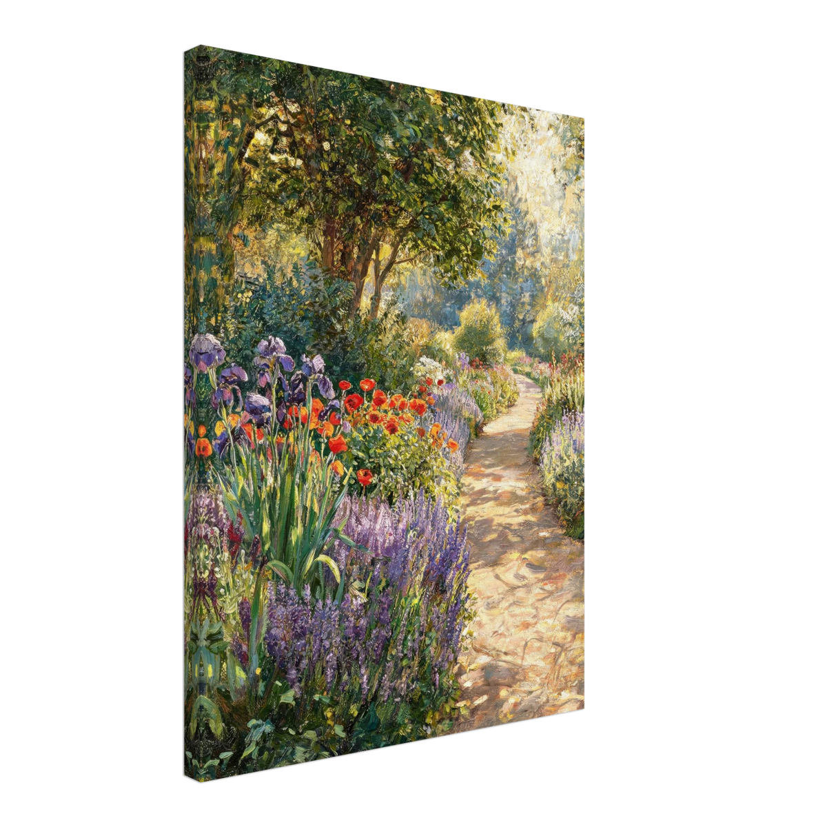 A square gallery-wrapped canvas print featuring an impressionistic garden scene with a sunlit path, purple flowers, red blossoms, and green trees, shown at an angle against a white background.