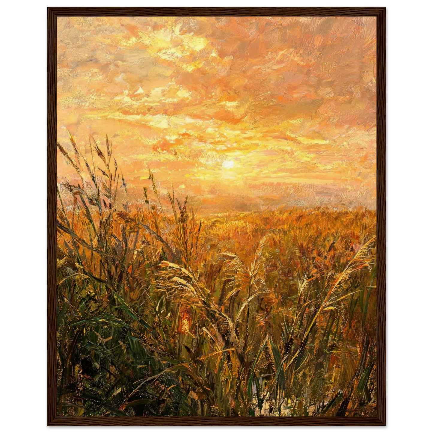 Wooden framed fine art print featuring a textured oil painting of glowing wild grass and a sunset.