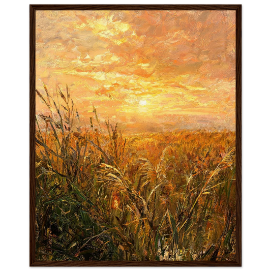 Wooden framed fine art print featuring a textured oil painting of glowing wild grass and a sunset.