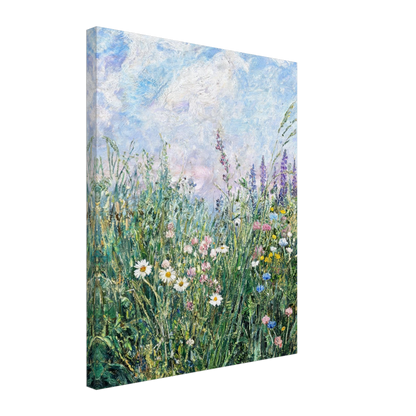 Textured canvas print of an impressionist wildflower meadow featuring daisies and wild blossoms under a bright sky.