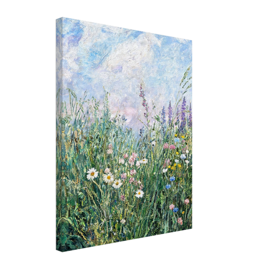 Textured canvas print of an impressionist wildflower meadow featuring daisies and wild blossoms under a bright sky.